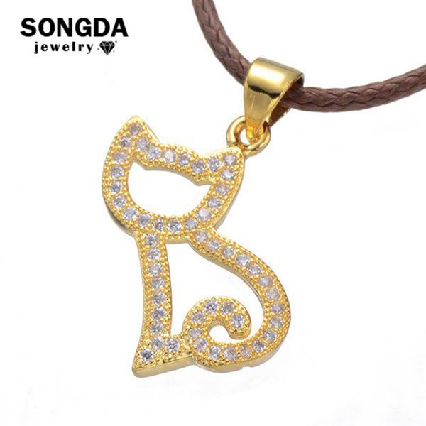 

songda kitten necklace fashion gold color micro pave cz crystal brass cat charms with leather rope animal jewelry for women girl, Silver