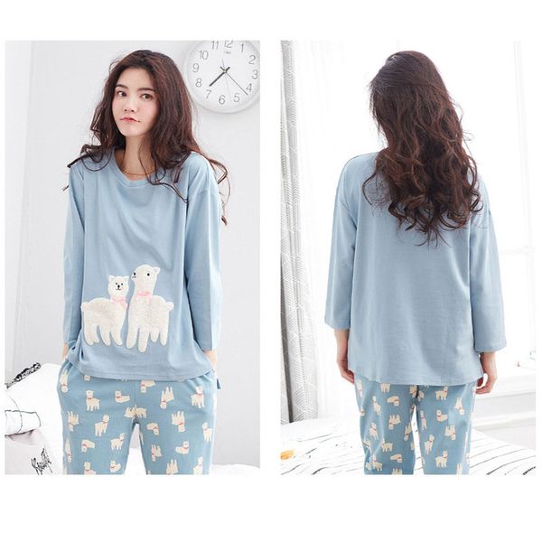 

womens pajamas sets 2018 autumn cotton round neck cartoon kawaii cartoon sleepwear nighty female casual autumn winter pajamas, Blue;gray