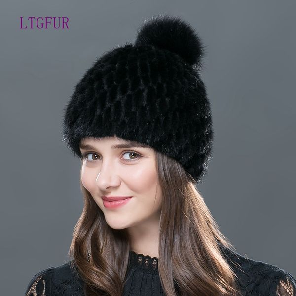 

wholesale- ltgfur real hat knitted winter hat mink hat fur pom poms new cap 2017 new female beanies, Blue;gray