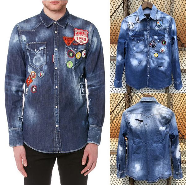 

Men Applique Patch Damage Shirt Male Long Sleeve Shirts Casual Solid Color Denim Slim Fit Mens