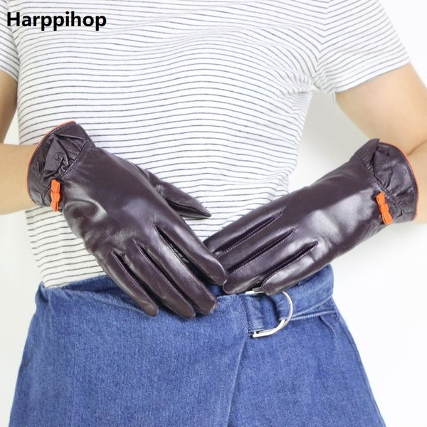 

genuine leather gloves for women winter warm black classic sheepskin finger touch screen gloves fashion mittens new h18-9-04, Blue;gray