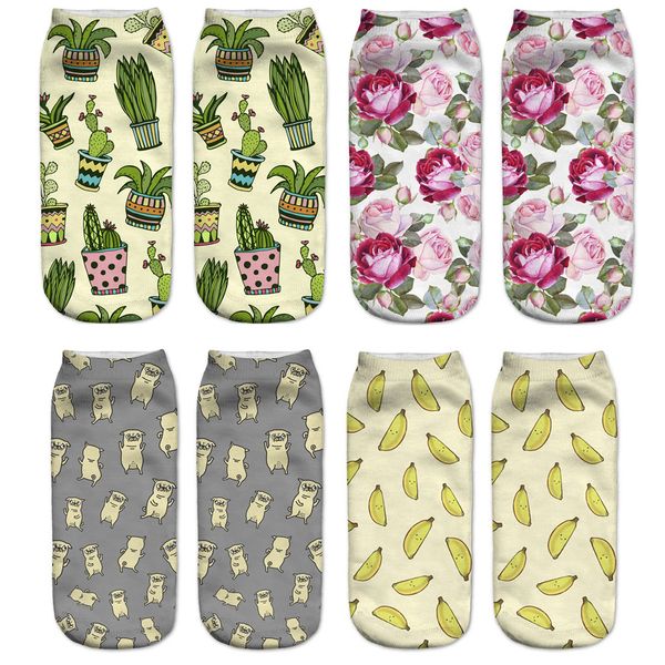 

women plantlife cactus creative 3d printed socks female funny pug pineapple rose unicorn hedgehog banana printing ankle socks, Black;white