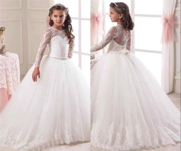 

illusion long sleeves flower girls dresses 2019 new lace appliqued bow sash ball gown sweep train kids formal wear girls pageant dresses, White;red