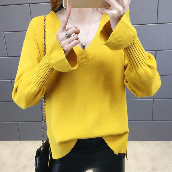 

women sweater v-neck 2018 autumn and winter short thin flare sleeve fashion female sweater teenager knitted pullover a23a, White;black
