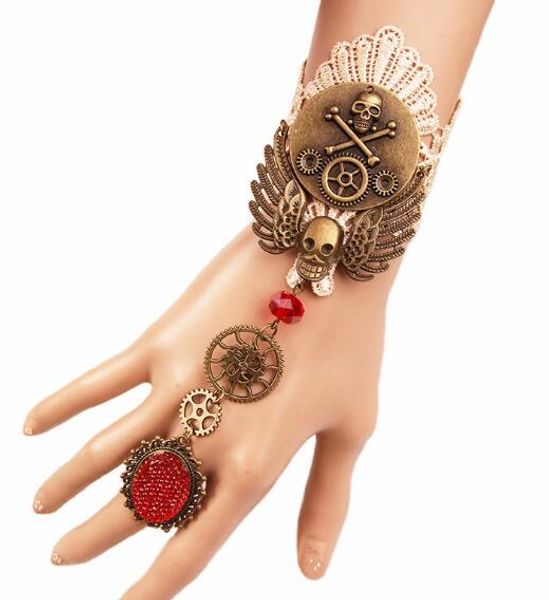 

new european and american vintage steam engine gear chain skull femaleness halloween ring stylish classic exquisite elegance, Golden;silver