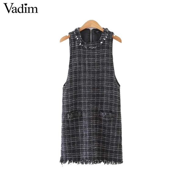 

vadim women plaid tweed sleeveless dress checkered tassel patchwork pocket straight ladies mini dresses vestidos qa485, White;black