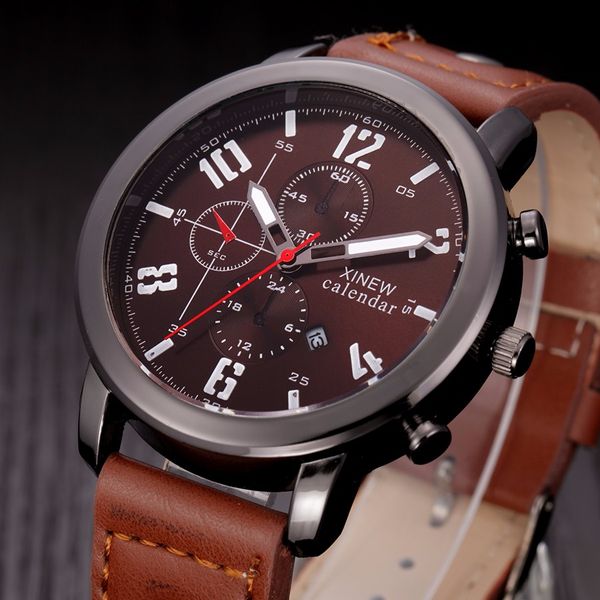 

branfd watches for men's leather stainless steel sport analog quartz date wrist watch waterproof men gift relogio masculine, Slivery;brown