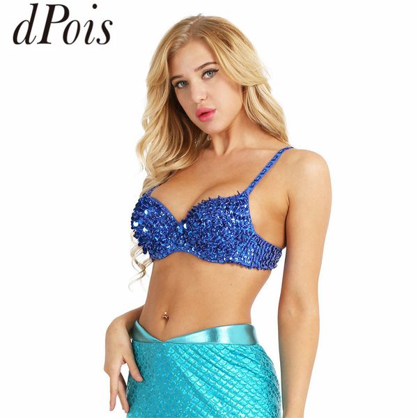 

dpois fashion women sparkle sequins beading padded bra for rave dances mermaid bra stage club wear belly dance costume, Black;red