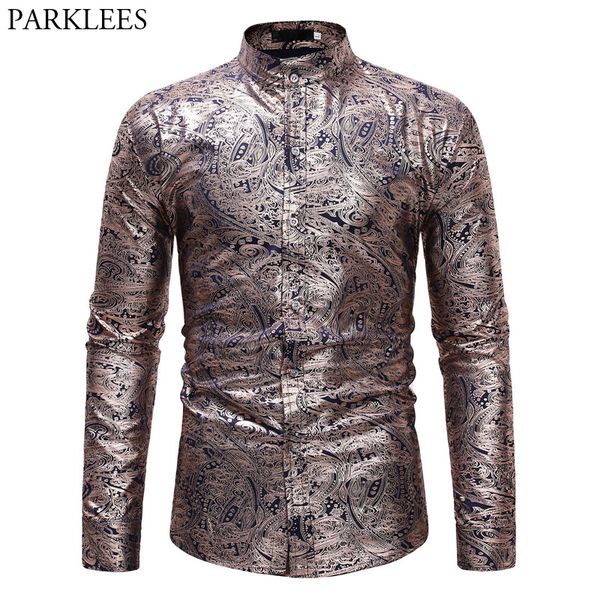 

gold paisley floral foil print dress shirt men slim fit long sleeve chemise homme casual wedding party social henley shirt male, White;black