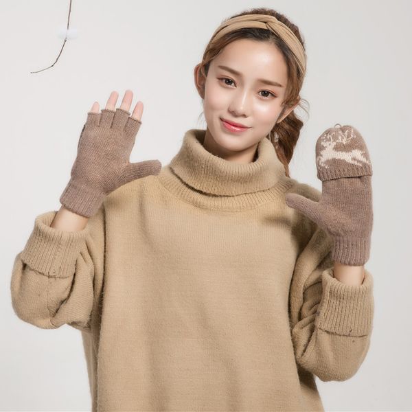 

fashion clamshell winter gloves women men warm wool acrylic fingerless gloves jacquard elk pattern mittens for female couple, Blue;gray