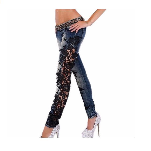 

2018 fashion women floral lace patchwork jeans pants ladies low waist skinny jeans hollow out casual denim pencil pants, Blue