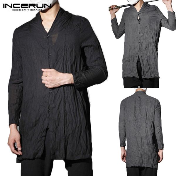 

incerun fashion mens shirt long sleeve button cardigan hip-hop pleated vintage slim long shirt men camisa 2018 plus size, White;black