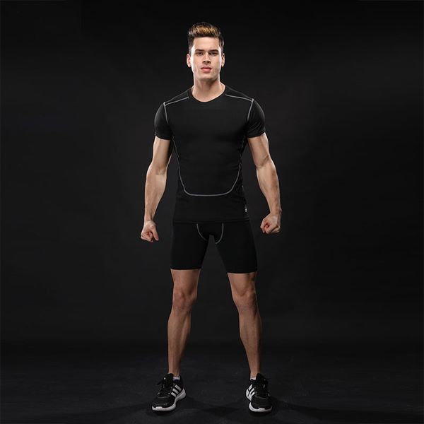 

running compression sets crossfit joggers 2pcs/set mens compression t-shirt shorts sets fitness run tights sportwear quick dry, Black;blue