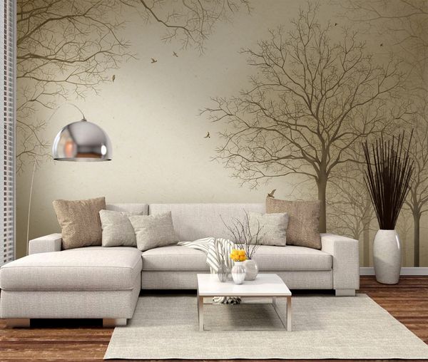 

customized retail mood forest birds flying dream living room tv background wall white misty trees beautiful birds flying murals