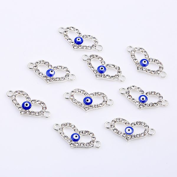 

10pcs/lot 25*10mm rhinestone evil eyes heart connector charms alloy pendant fit necklaces bracelet diy fashion jewelry accessory, Bronze;silver