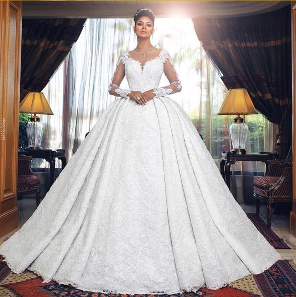 

2018 dubai arabic luxury wedding dresses a line sheer jewel neck lace appliques long sleeve bridal gowns ruffle satin country wedding dress, White