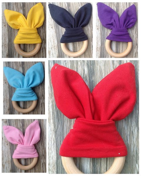

100pcs infant baby ins teethers teething ring natural wood circle solid color rabbit ear cotton teeth practice toys handmade ring ye013