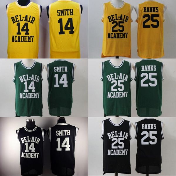 

Mens BEL-AIR Academy Movie Jersey #14 Will Smith #25 Carlton Banks Basketball Jerseys Yellow Black Green High Quality Wholesale