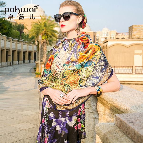 

pokwai 100% silk vintage plaid women scarf 2018 high fashion 140cm*140cm print scarves, Blue;gray