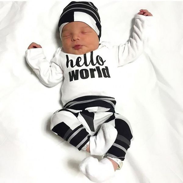 

3pcs 2018 new autumn baby boy clothes set cotton t-shirt+pants+hat infant clothes newborn baby girl clothing set costumes, White