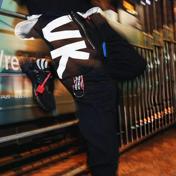 

bf autumn hip hop cargo pant streetwear men sweatpants multi pocket trousers side stripe casual tatical harem pants ins 2018, Black