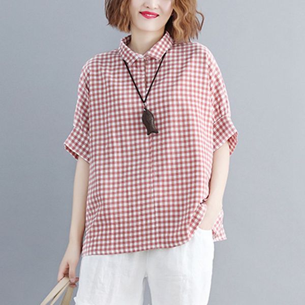 

mferlier summer plaid artsy womens and blouses turn down collar batwing sleeve female thin retro cotton blouse, White