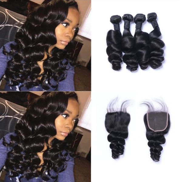 

malaysian loose wave hair weaves 4 bundles with closure middle 3 part double weft human hair extensions dyeable human hair weave, Black