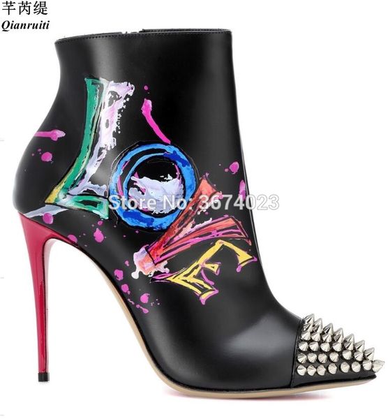 

qianruiti fashion women graffiti leather ankle boots rivet studded pointed toe high heels mixed color love pattern booties women, Black