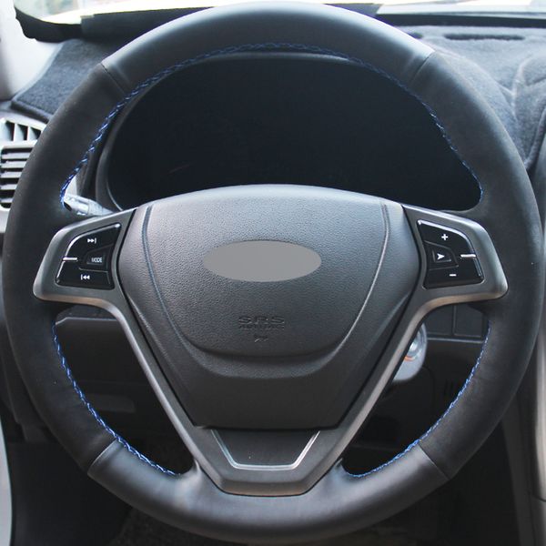 

diy hand-stitched car steering wheel cover black genuine leather suede for chery tiggo 2010-2013 tiggo 3 2014 2015