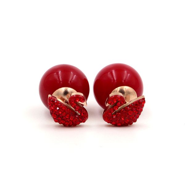 

swan earrings new year large red full diamond swan bead titanium steel plated rose gold stud earrings china red jewelry pearl earrings, Golden;silver