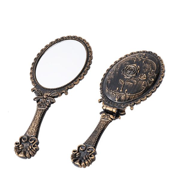Vintage Foldable Makeup Mirror Hand Held Oval Cosmetic Small Pocket Rose Emboss Antique Style Noble Princess Beauty Tool For Salon