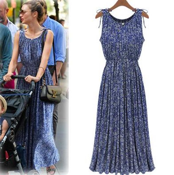 

new summer women's florals dress lady's casual slim waist sleeveless flower printed long dresses blue c3306, Black;gray