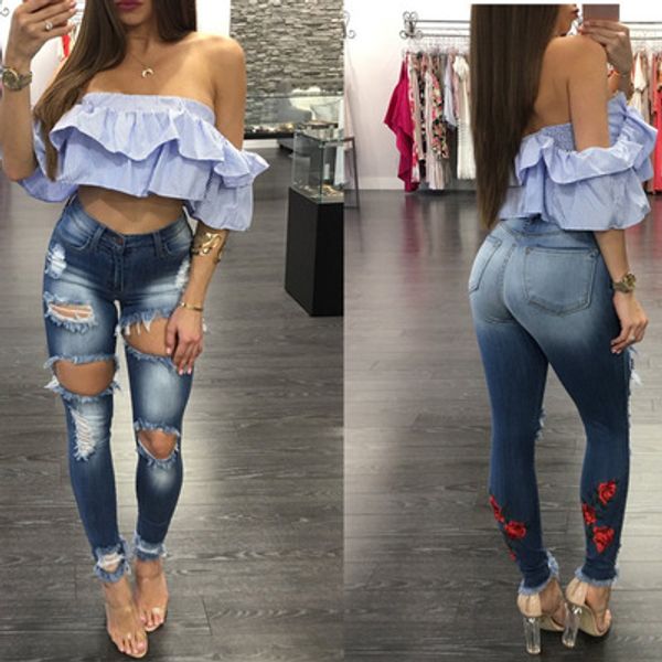 

women elastic flower jeans female pencil denim pants skinny jeans females black pencil high waist trousers, Blue