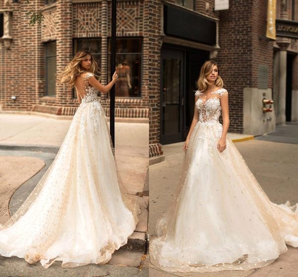 

2018 design country wedding dresses lace pearls sheer neck cap sleeves beads backless applique bridal gowns custom made, White
