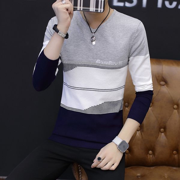 

2018 casual knitted sweater men slim fit male v lead spliced teenagers spelling color knitting unlined upper garment trend, White;black