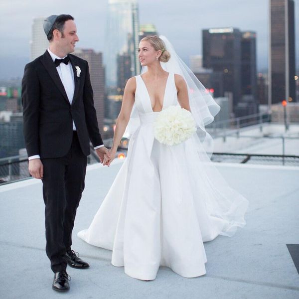 

deep v-neck sleeveless wedding dresses simple a-line satin zipper back floor length bridal's gown wedding dress, White