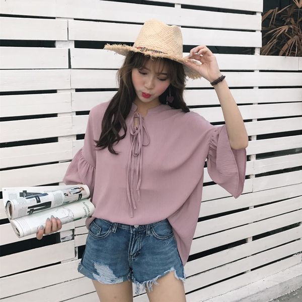 

flare sleeve bow chiffon blouse 2018 summer women casual lace up shirts wine red pink korean breathable clothing, White
