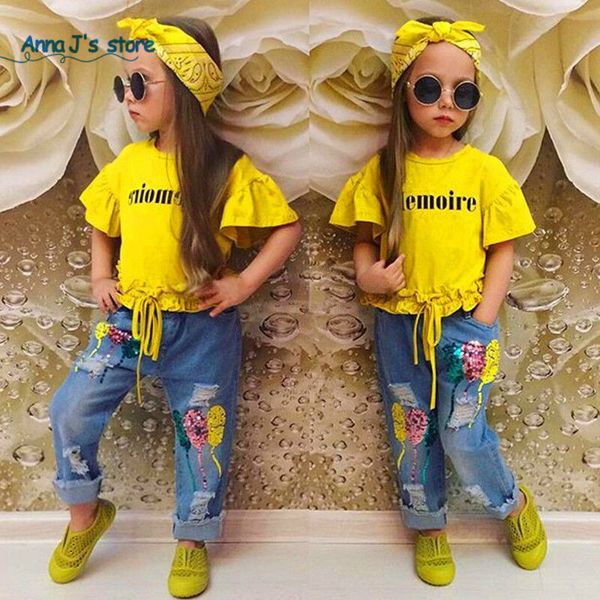 

tz519 summer fashion baby girl clothes cotton short-sleeved letter yellow t-shirt + jeans +hairband 3pcs baby girls clothing set y1891203, White