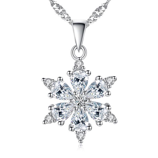 

100% 925 sterling silver fashion snowflake shiny crystal ladies`pendant necklaces short box chain jewelry gift wholesale