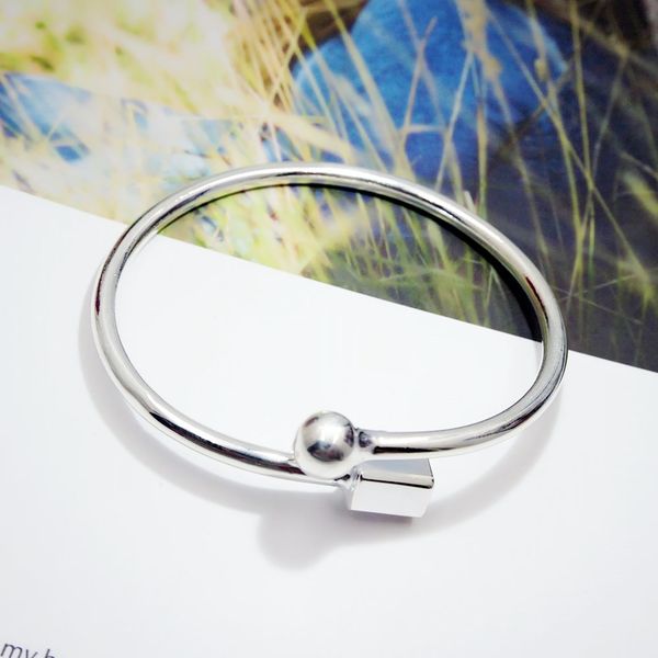 

authentic 990 sterling silver bangle elegant square round open bracelets for women girls ethnic accessories jewelry wedding gift, Black