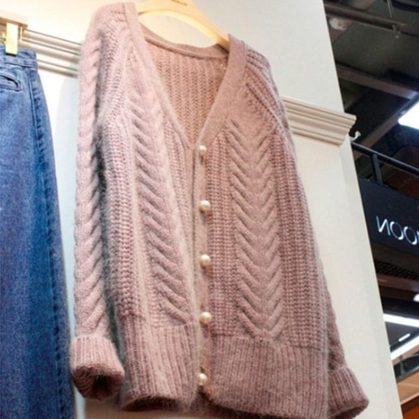 

korean autumn pear button women pink cargidans 2018 new fashion casual long sleeve knitted sweater ladies winter all match, White;black