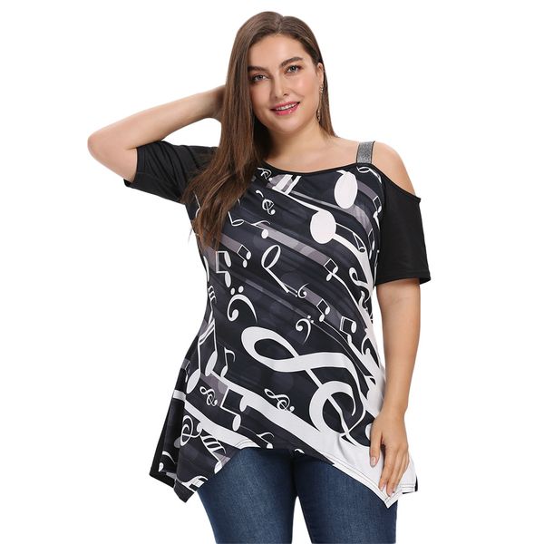 

zaful musical notes print women shirt summer spaghetti strap skew shoulder short sleeves asymmetric bottom trendy plus size, White