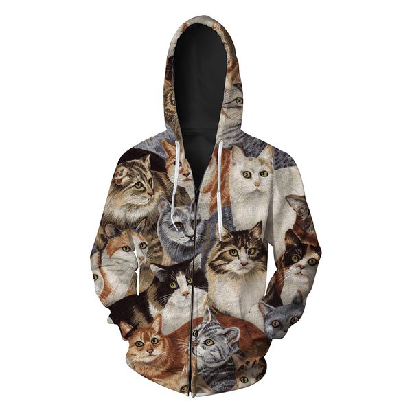 

european siz cute cats print mens streetwear sweatshit lightening cat plus size men's hoodie with zippers 3 patterns, Black