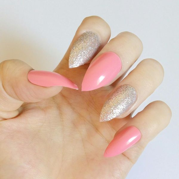 

24pcs glitter silver fake nail tips sweet pink short stiletto nails acrylic false nails diy manicure tools z190, Red;gold