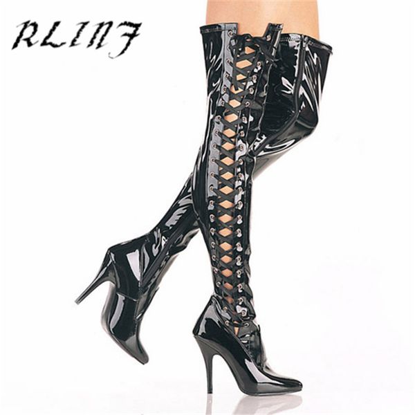 

rlinf patent leather side ties over the knee boots pointed 12cm/10cm ultra high heels ribbon large size thigh high boots, Black