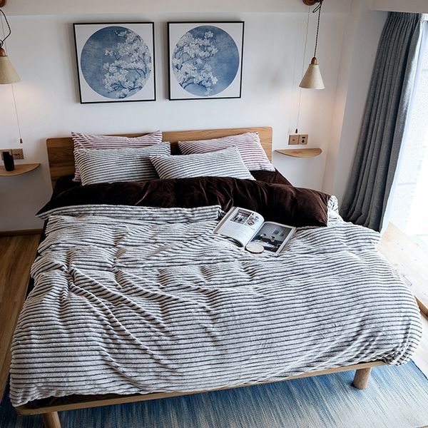 

winter flannel bedding set brown fleece bed-sheet warm stripes style quilt cover  king stripes soft pillowcases  king