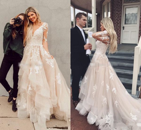 

Иллюзия Длинные Рукава Boho Свадебные Платья Слоистых Тюль Аппликации Кружева-Line Свадебное Платье Деревенский Страна Свадебные Платья На Заказ