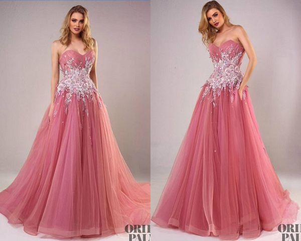 Tony Chaaya Prom Dresses Blush Applique in rilievo Sweep treno formale abito da sera abiti da sposa elegante abiti di sera economici