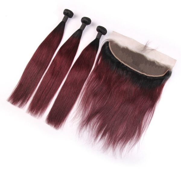 

burgundy human bundles 1b99j ombre bundles with 13*4 frontal brazilian straight 3 bundles with frontal ombre human remy hair, Black;brown