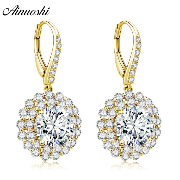 

ainuoshi 10k solid yellow gold double halo earring 5.2 carat round cut drop earring luxurious women jewelry click back, Golden;silver
